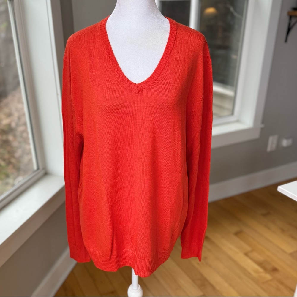 JCP Red Orange Merino Wool V Neck Sweater Size Large